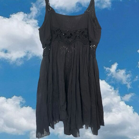 Free People One Dress Womens XS Black Cotton Mini Prairie Goth Festival Raw Hem - Picture 6 of 8